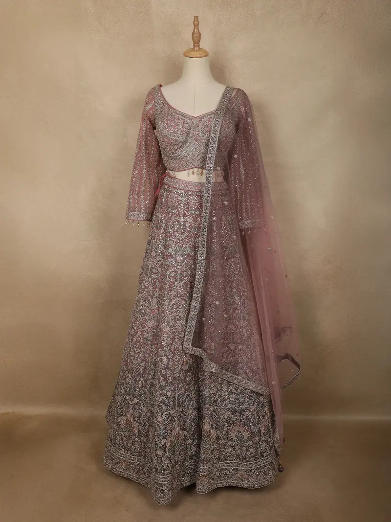 Diadem Women Dusty Pink Net Lehenga Choli Heavy Embroidered Designer Wedding Wear 2