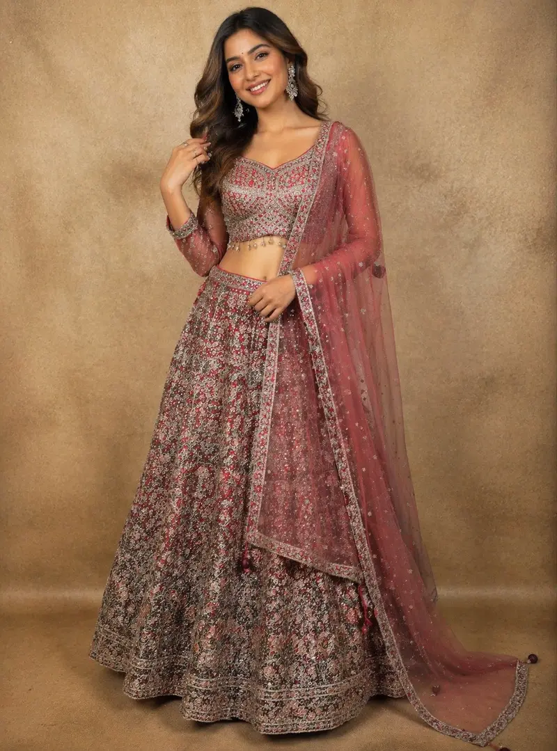 Diadem Women Dusty Rose Net Lehenga Choli Heavy Embroidered Designer Wedding Wear 1