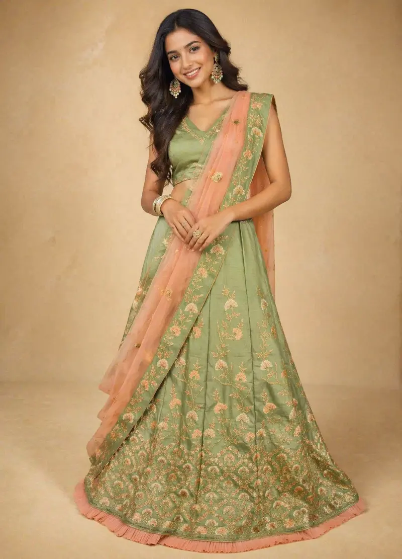 Diadem Women Green Silk Lehenga Choli Floral Embroidered Designer Wedding Wear 1