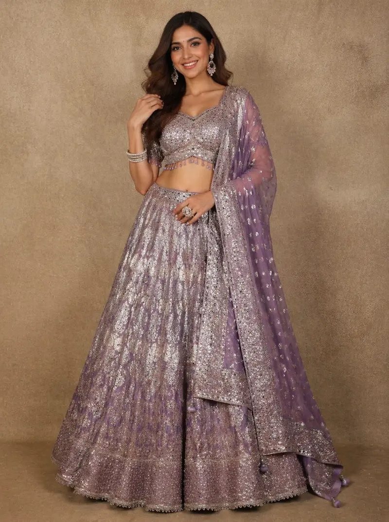 Diadem Women Lavender Banarasi Silk Lehenga Choli Zari Woven Designer Wedding Wear Set 1