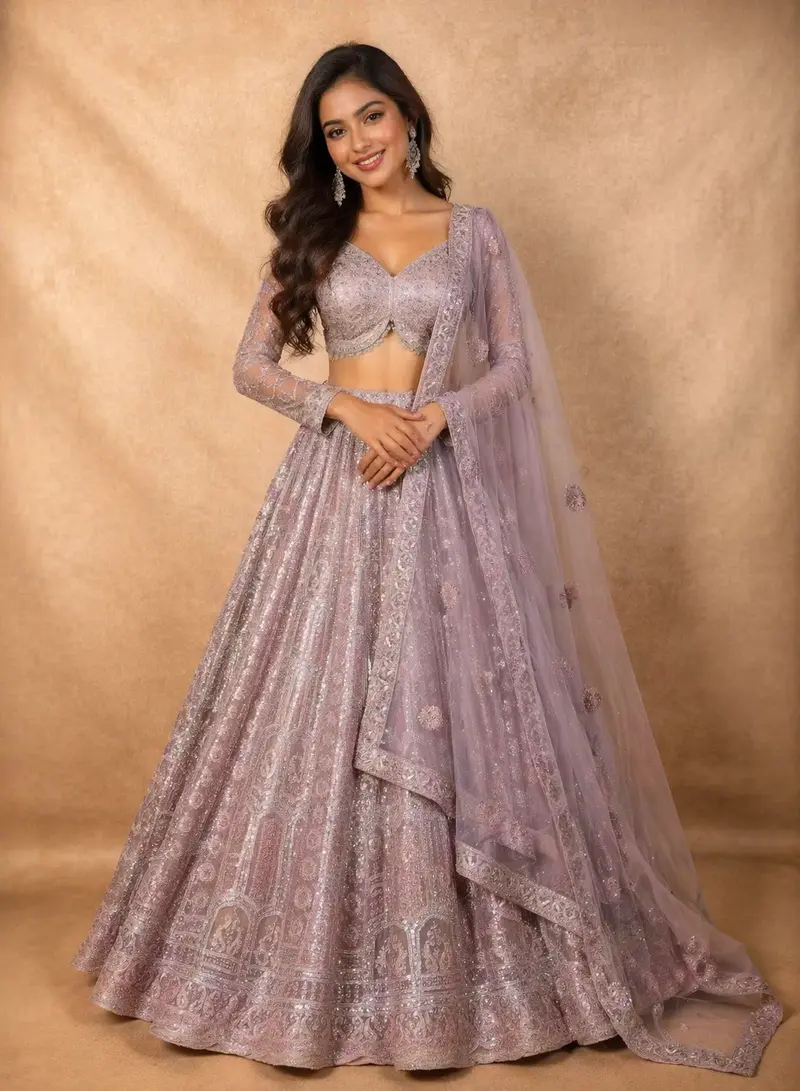 Diadem Women Lavender Net Lehenga Choli Heavy Embroidered Designer Wedding Wear 1