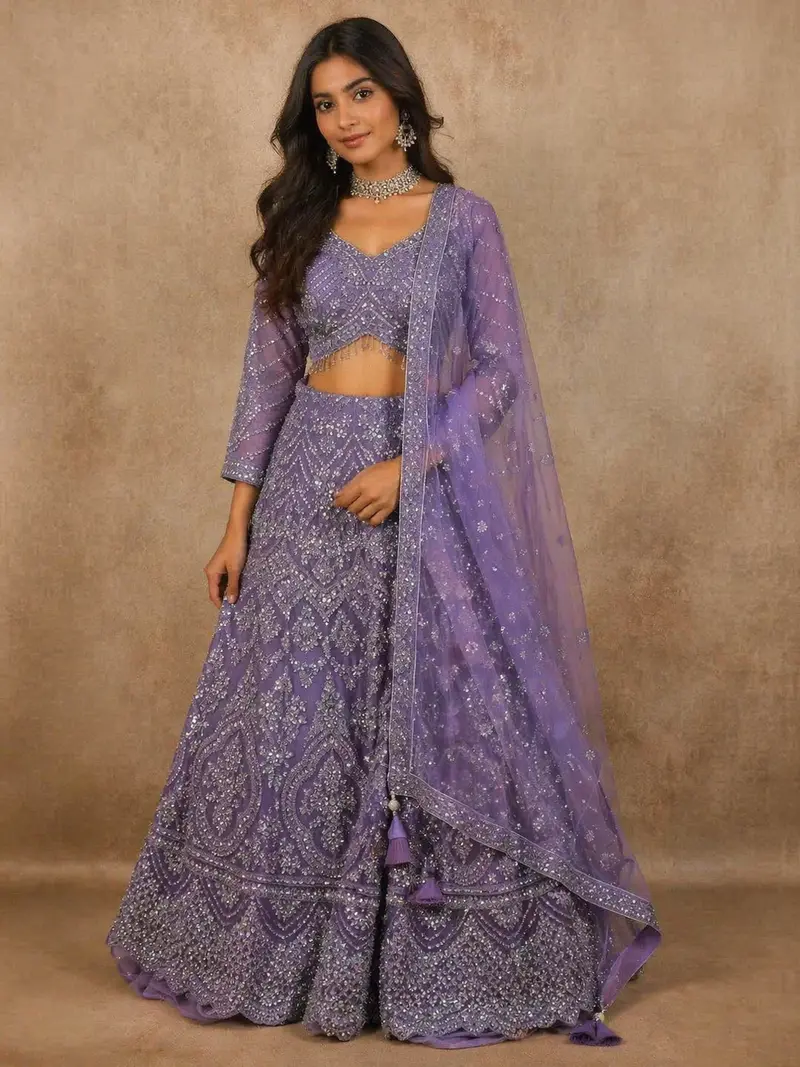 Diadem Women Lavender Net Lehenga Choli Heavy Embroidered Designer Wedding Wear Set 1