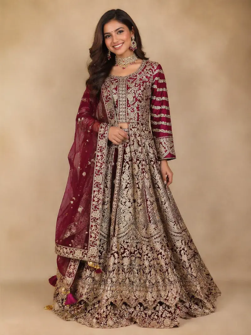 Diadem Women Maroon Net Lehenga Choli Heavy Embroidered Sequin Bridal Wedding Wear 1