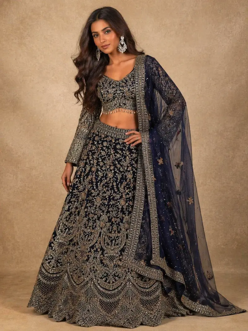 Diadem Women Navy Blue Net Lehenga Choli Heavy Embroidered Sequin Bridal Wedding Wear 1