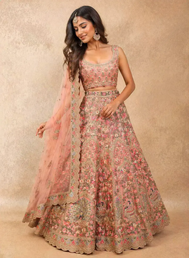Diadem Women Peach Net Lehenga Choli Floral Embroidered Bridal Wear With Dupatta 1