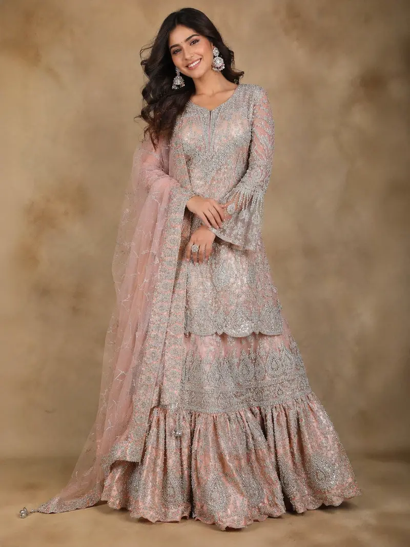 Diadem Women Peach Net Sharara Suit Heavy Embroidered Sequin Festive Wedding Wear 1