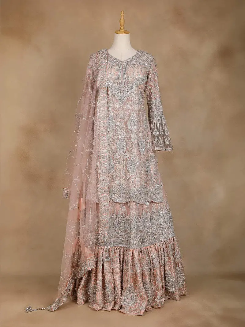 Diadem Women Peach Net Sharara Suit Heavy Embroidered Sequin Festive Wedding Wear 2