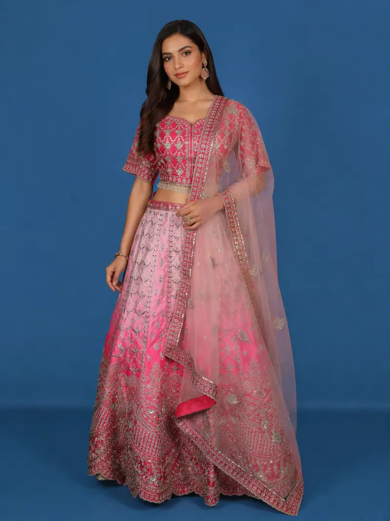 Diadem Women Pink Net Lehenga Choli Set Embroidered Bridal Wear Wedding Outfit 1