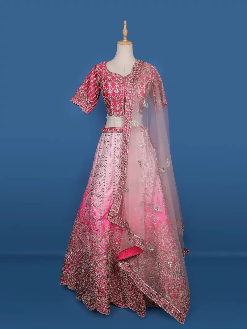 Diadem Women Pink Net Lehenga Choli Set Embroidered Bridal Wear Wedding Outfit 2