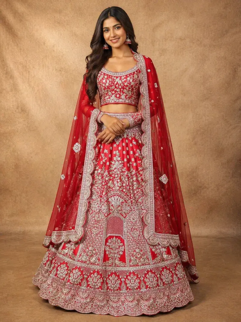 Diadem Women Red Net Lehenga Choli Heavy Zari Embroidered Bridal Wedding Wear 1