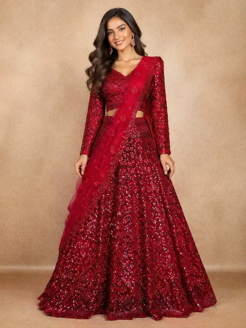 Diadem Women Red Net Lehenga Choli Sequin Embroidered Wedding Wear With Dupatta 1