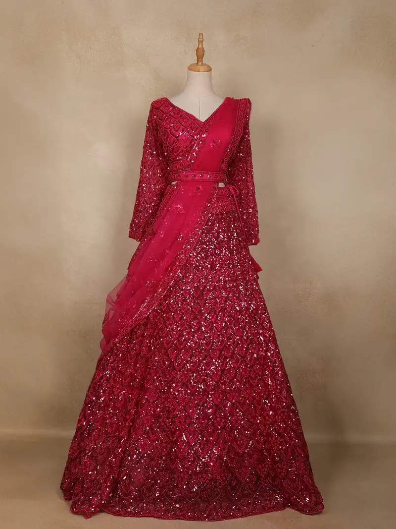 Diadem Women Red Net Lehenga Choli Sequin Embroidered Wedding Wear With Dupatta 2