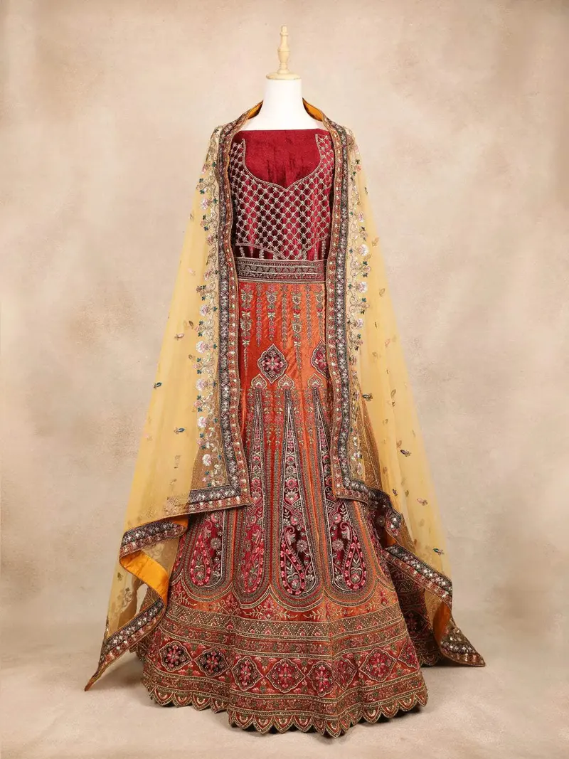Diadem Women Red Orange Net Lehenga Choli Heavy Embroidered Bridal Wedding Wear With Dupatta 2