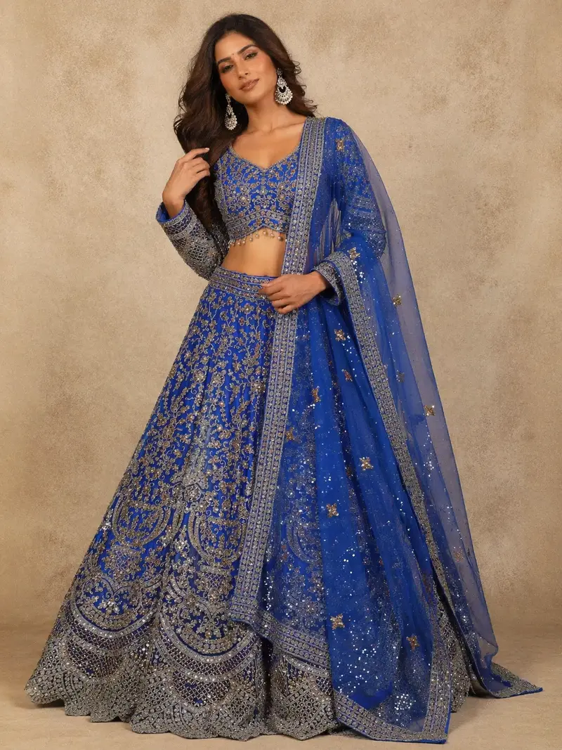 Diadem Women Royal Blue Net Lehenga Choli Heavy Embroidered Sequin Bridal Wedding Wear 1