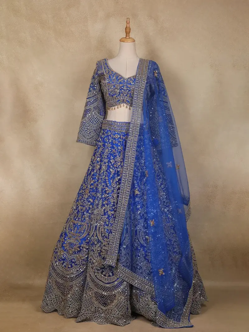 Diadem Women Royal Blue Net Lehenga Choli Heavy Embroidered Sequin Bridal Wedding Wear 2