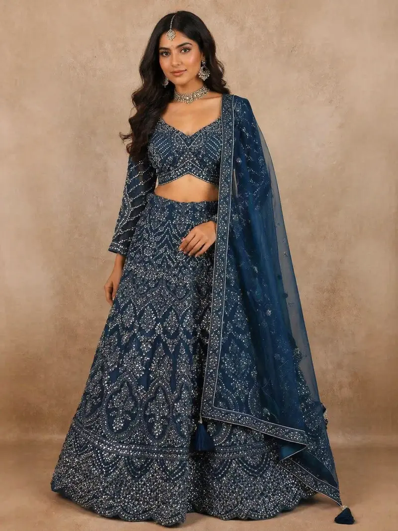 Diadem Women Teal Blue Net Lehenga Choli Heavy Embroidered Designer Wedding Wear Set 1