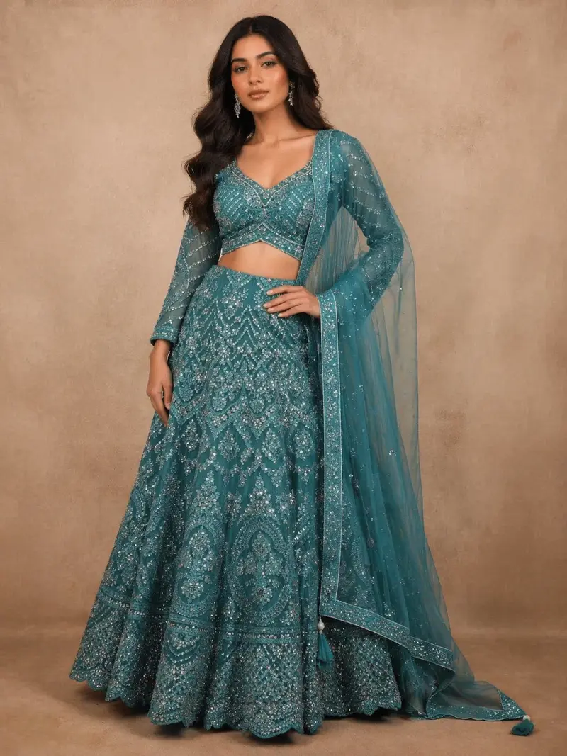 Diadem Women Teal Green Net Lehenga Choli Heavy Embroidered Sequin Bridal & Wedding Wear 1