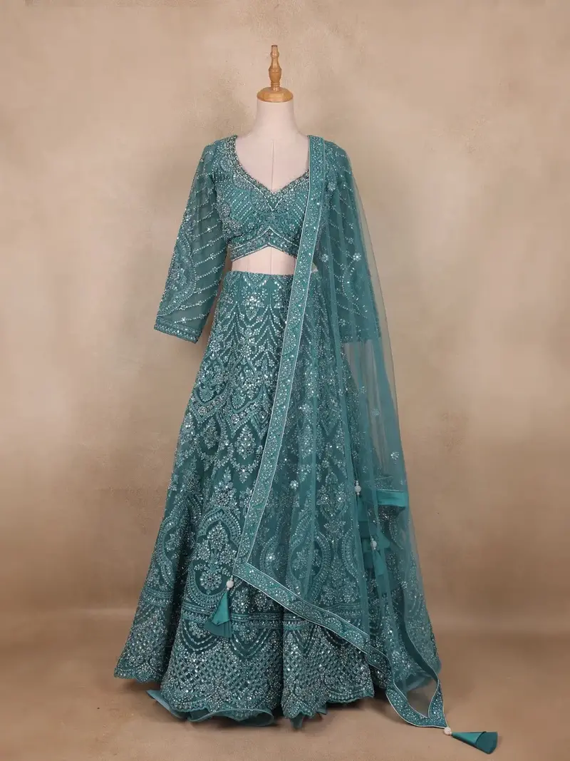 Diadem Women Teal Green Net Lehenga Choli Heavy Embroidered Sequin Bridal & Wedding Wear 2