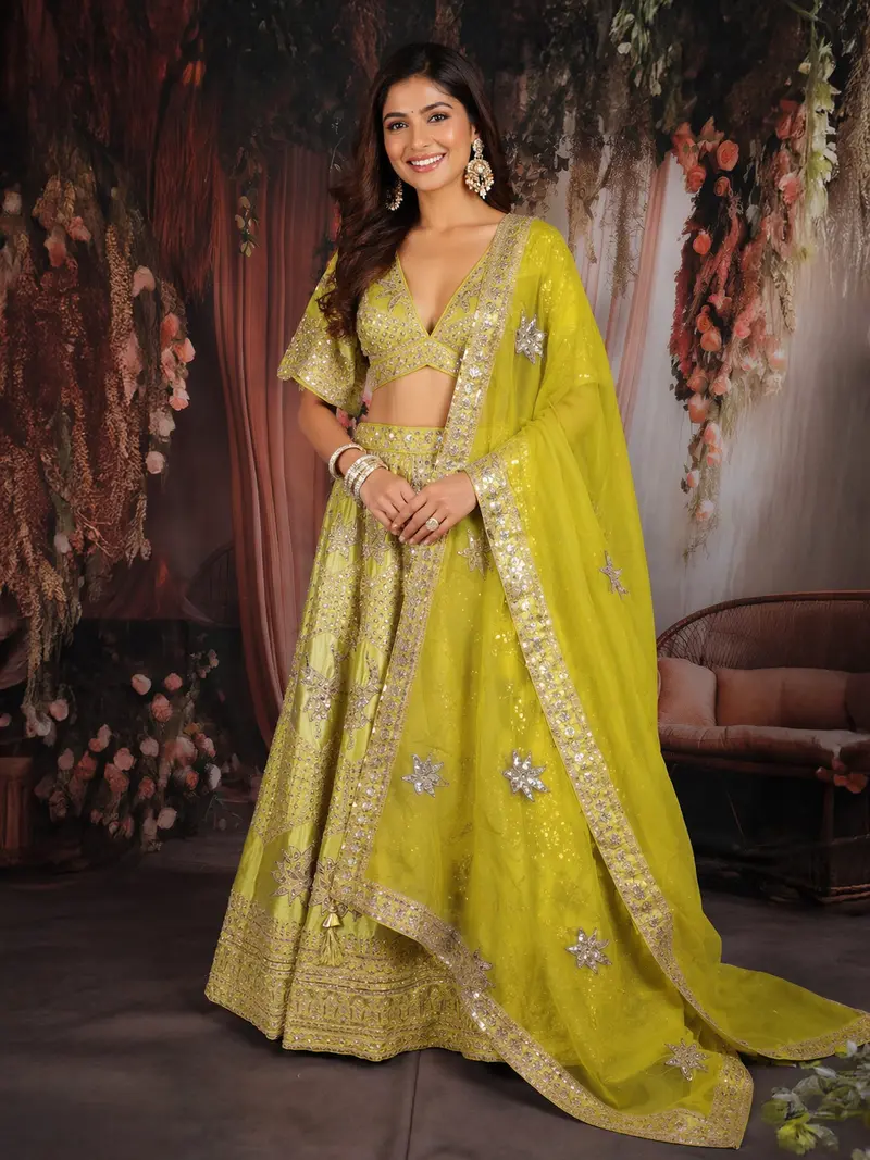 Diadem Women Yellow Silk Lehenga Choli Embroidered Designer Festive Wedding Wear Set 1