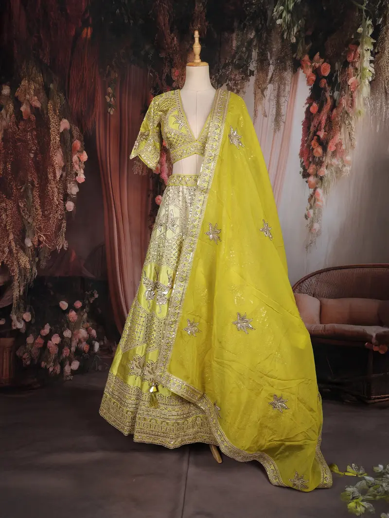 Diadem Women Yellow Silk Lehenga Choli Embroidered Designer Festive Wedding Wear Set 2
