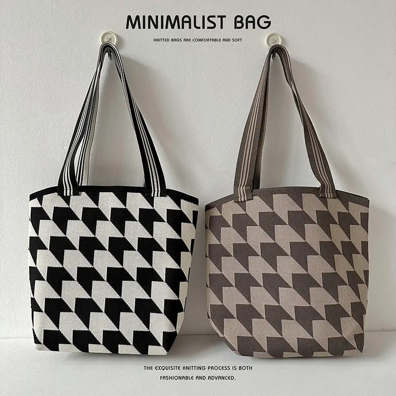Diamond Plaid Large Capacity Shoulder Bag Knitted Handbag 1