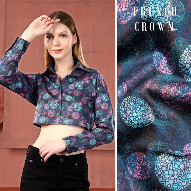 Dianne Blue With Turquoise Blue Abstract Printed Premium Cotton Crop Shirt 1