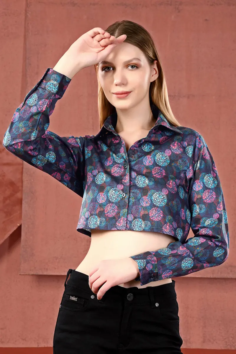 Dianne Blue With Turquoise Blue Abstract Printed Premium Cotton Crop Shirt 2