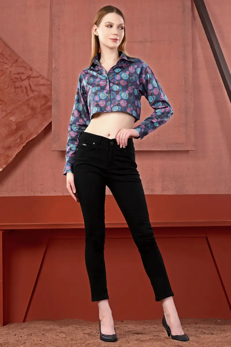 Dianne Blue With Turquoise Blue Abstract Printed Premium Cotton Crop Shirt 5