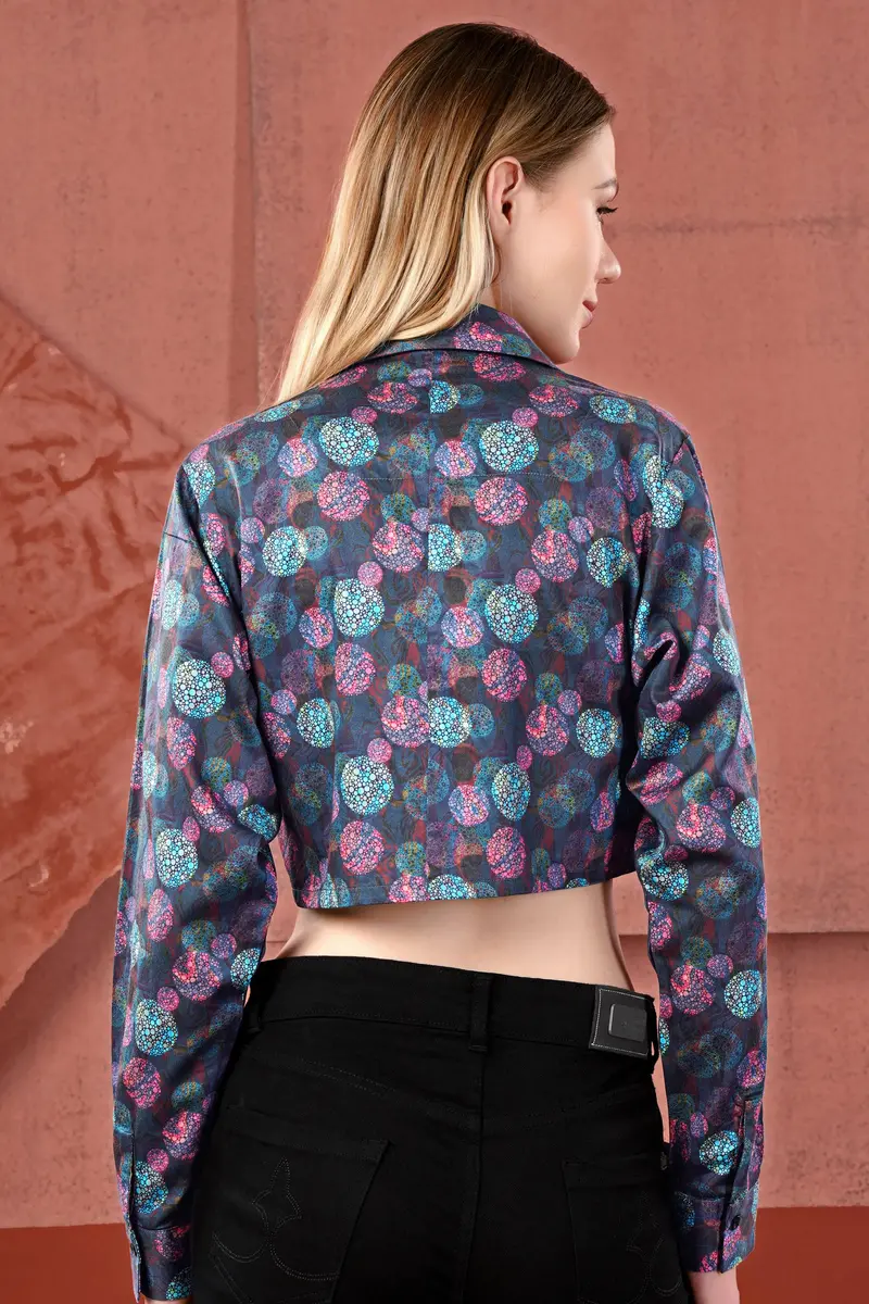 Dianne Blue With Turquoise Blue Abstract Printed Premium Cotton Crop Shirt 6