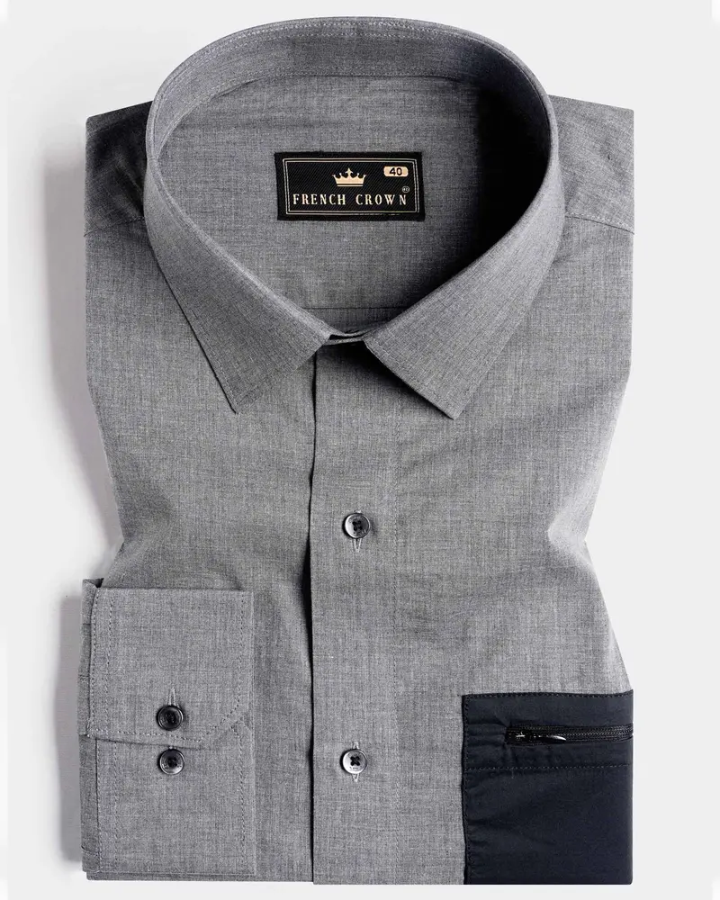 Dim Gray With Black Pockets Chambray Designer Shirt 1