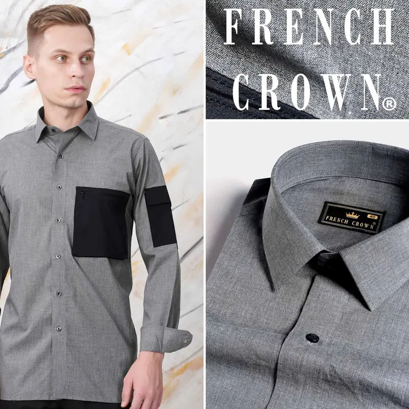 Dim Gray With Black Pockets Chambray Designer Shirt 10