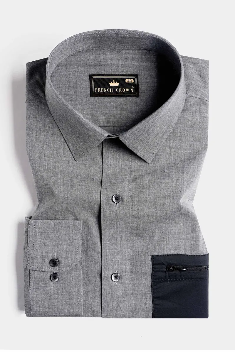 Dim Gray With Black Pockets Chambray Designer Shirt 2