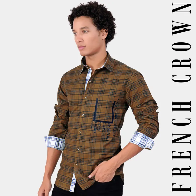 Dirt Brown And Space Cadet Blue Printed Royal Oxford Reversible Shirt 1