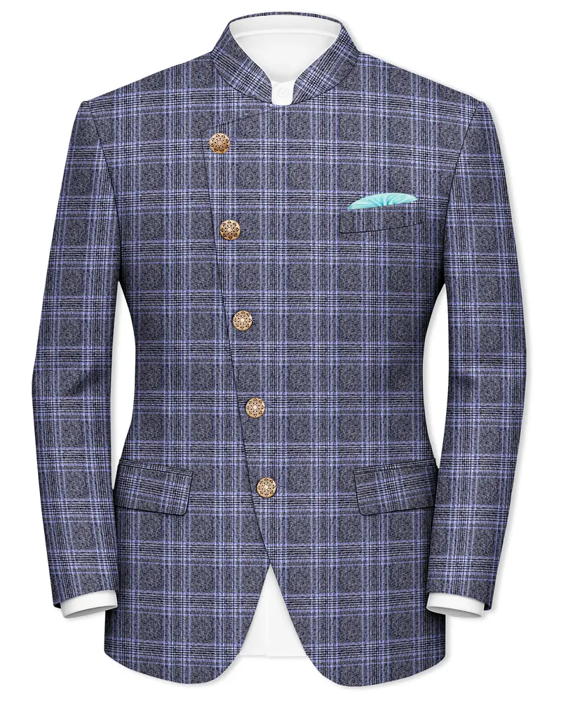 Dolphin And Casper Blue Checkered Cross Placket Bandhgala Wool Rich Blazer 1