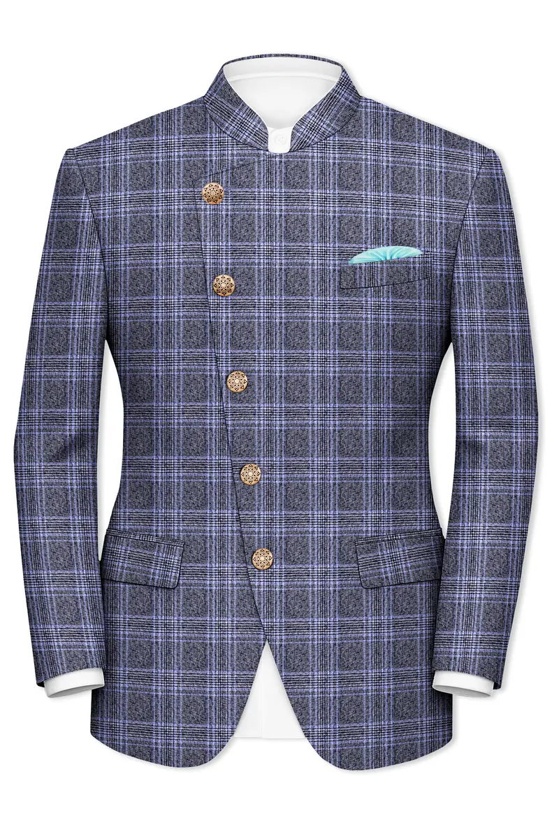 Dolphin And Casper Blue Checkered Cross Placket Bandhgala Wool Rich Blazer 2