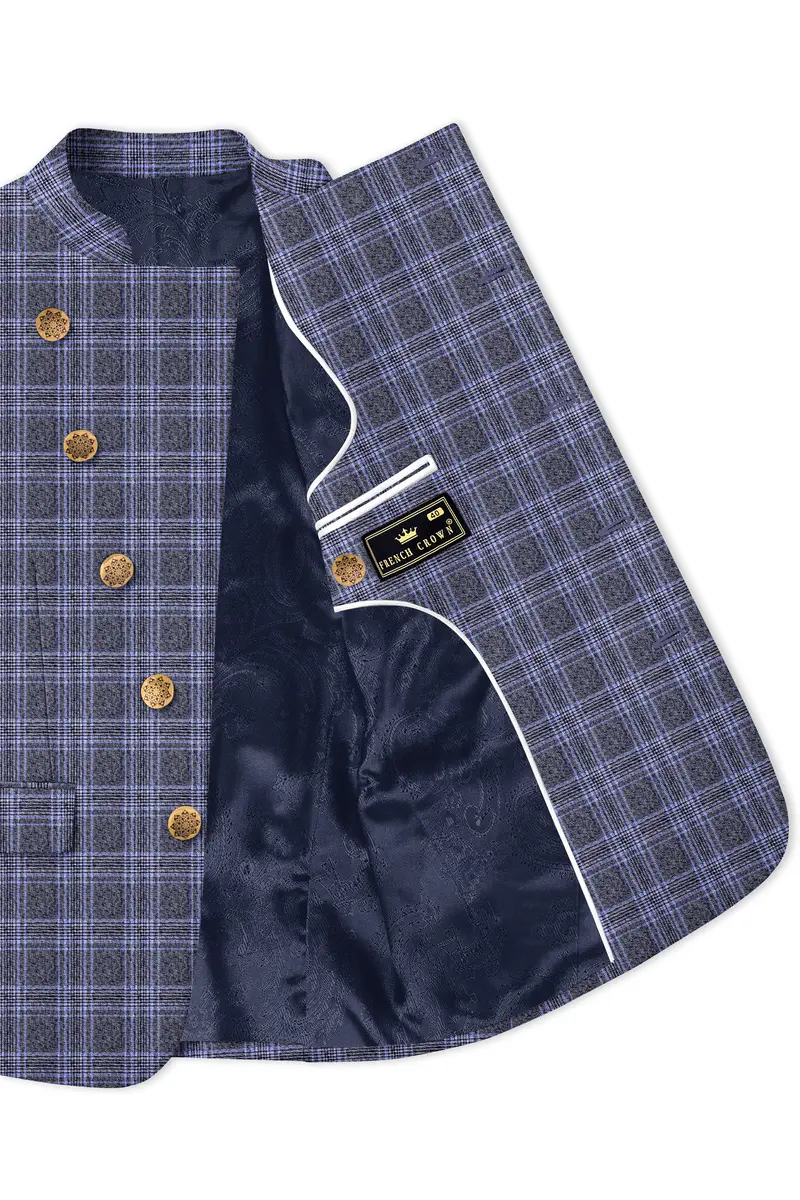 Dolphin And Casper Blue Checkered Cross Placket Bandhgala Wool Rich Blazer 4