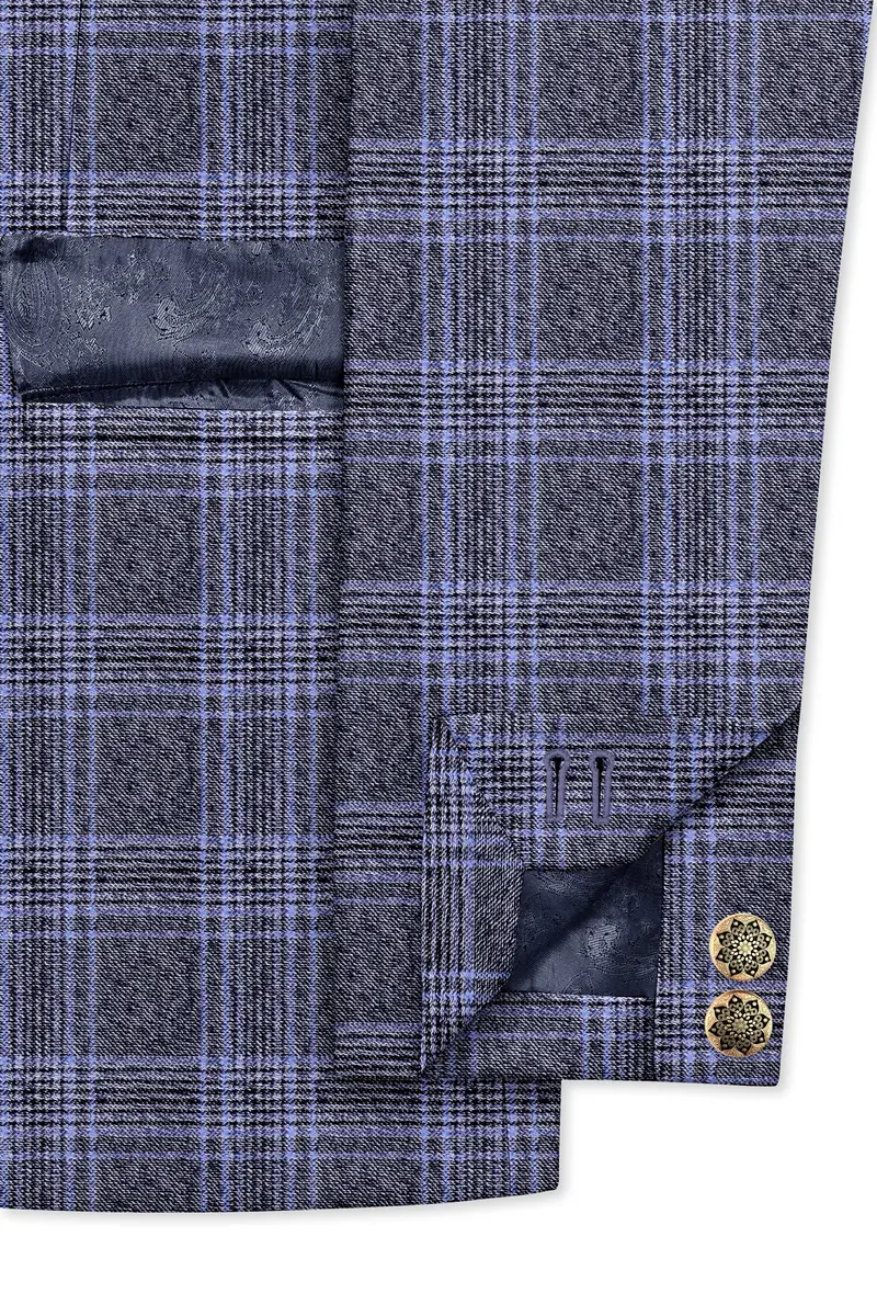 Dolphin And Casper Blue Checkered Cross Placket Bandhgala Wool Rich Blazer 5