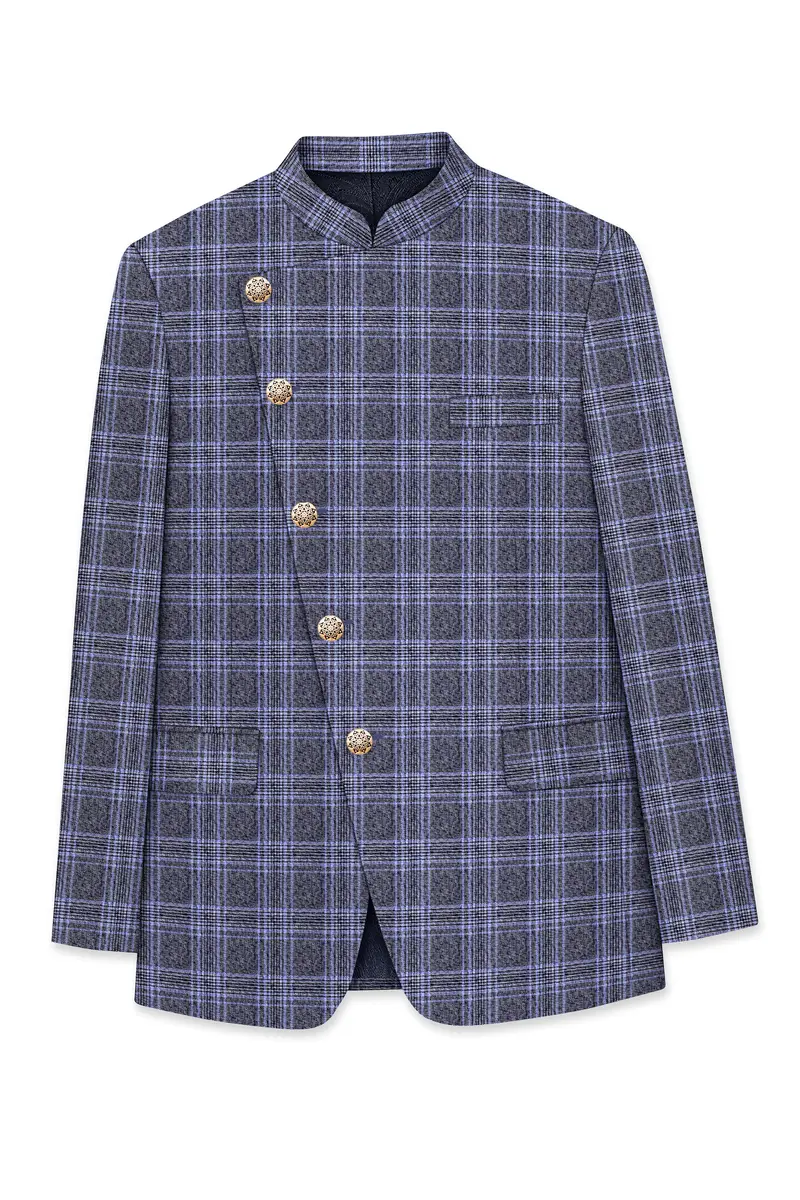 Dolphin And Casper Blue Checkered Cross Placket Bandhgala Wool Rich Blazer 6