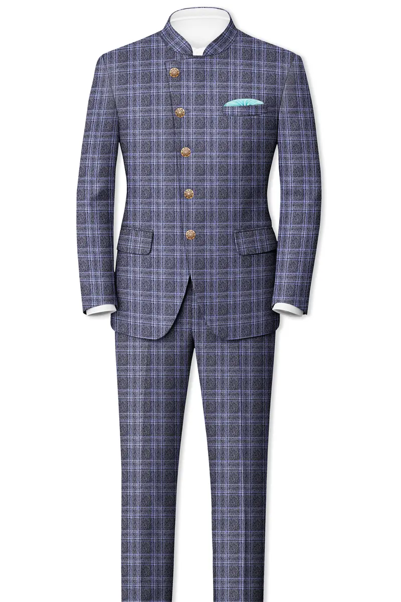 Dolphin And Casper Blue Checkered Cross Placket Bandhgala Wool Rich Blazer 8