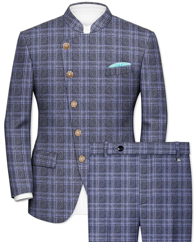 Dolphin And Casper Blue Checkered Cross Placket Bandhgala Wool Rich Suit 1
