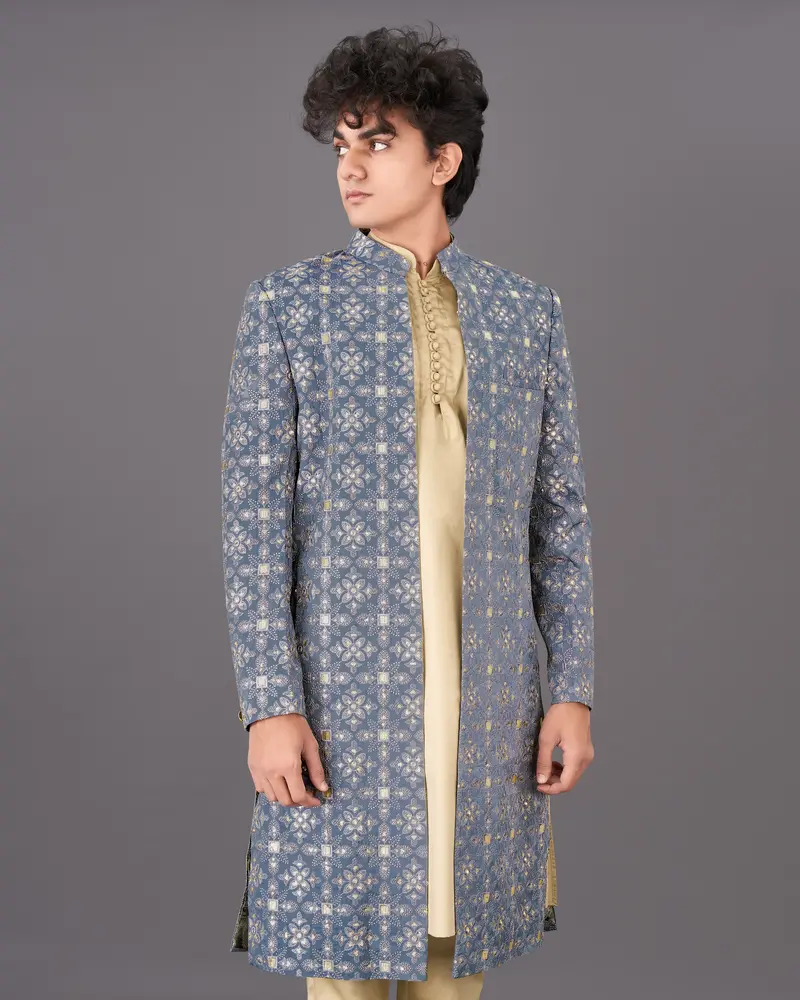 Dolphin Blue And Sequence Embroidered  Sherwani With Kurta And Pants Set 1