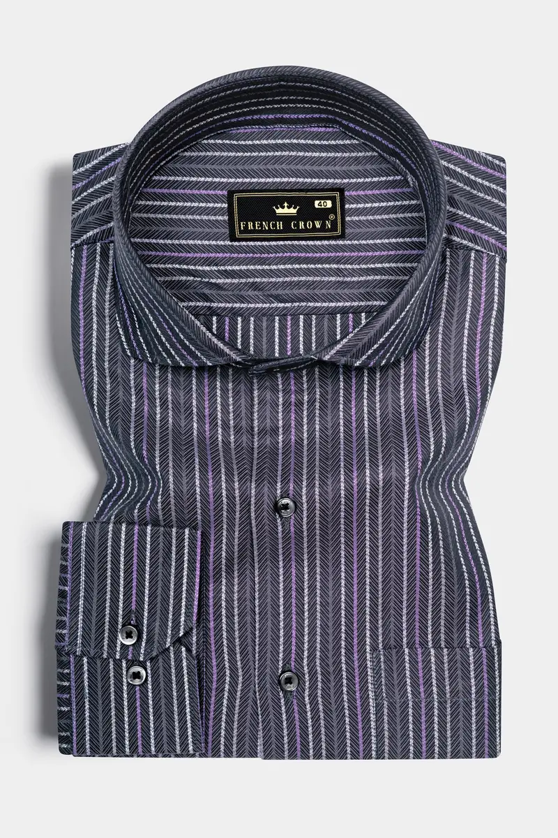 Dolphin Blue Multicolor Striped Dobby Textured Premium Giza Cotton Shirt 3
