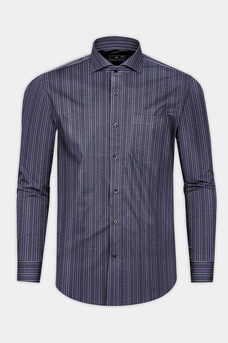 Dolphin Blue Multicolor Striped Dobby Textured Premium Giza Cotton Shirt 4