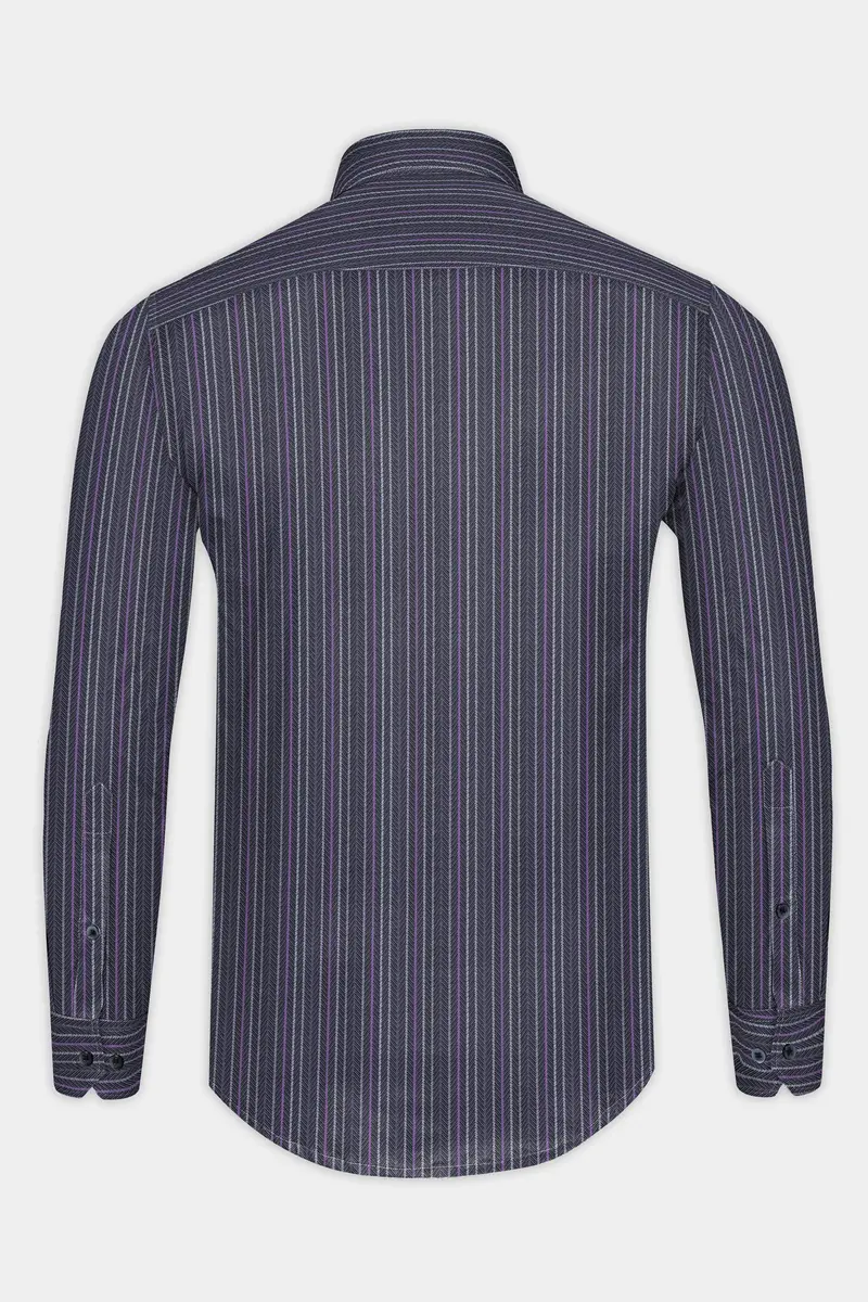 Dolphin Blue Multicolor Striped Dobby Textured Premium Giza Cotton Shirt 5
