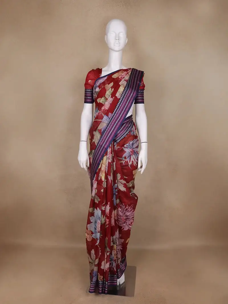 Dominant Red Floral Design Printed Kota Cotton Saree 1