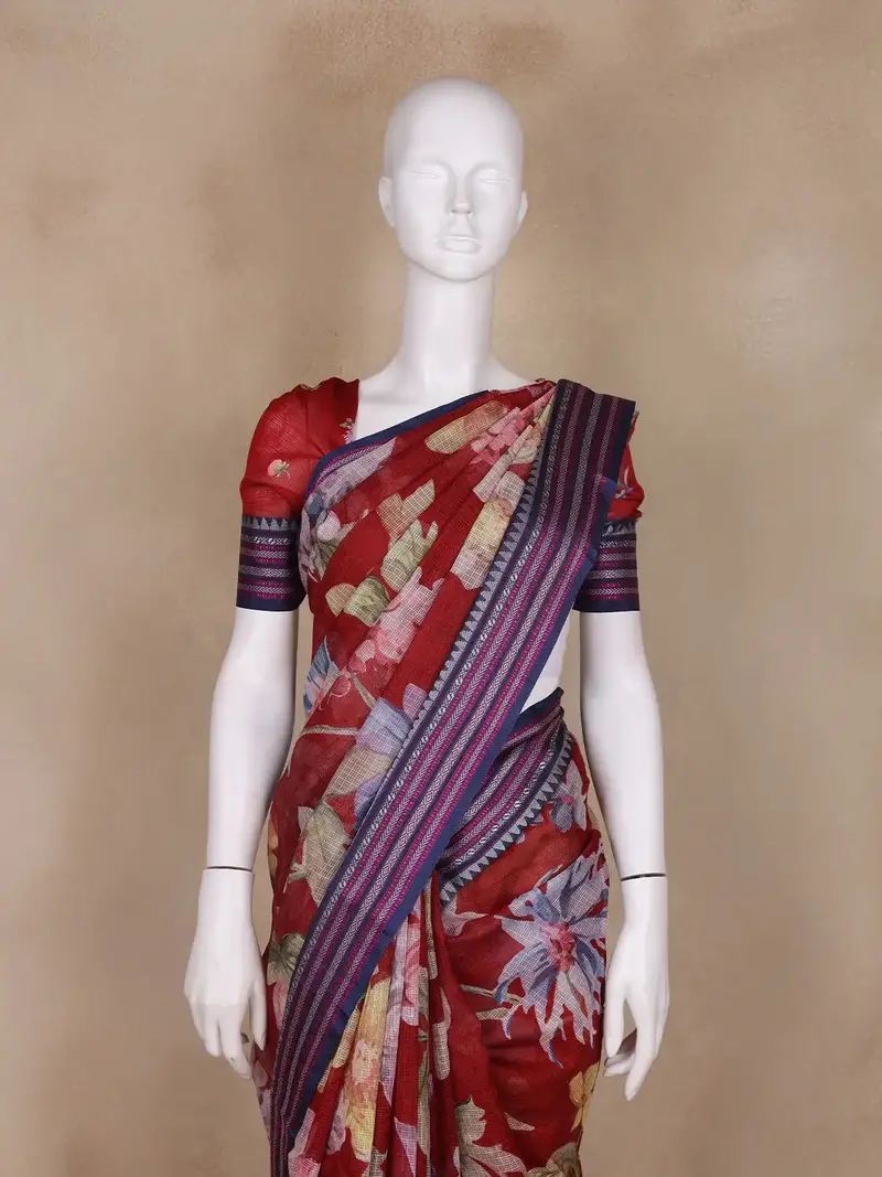 Dominant Red Floral Design Printed Kota Cotton Saree 2