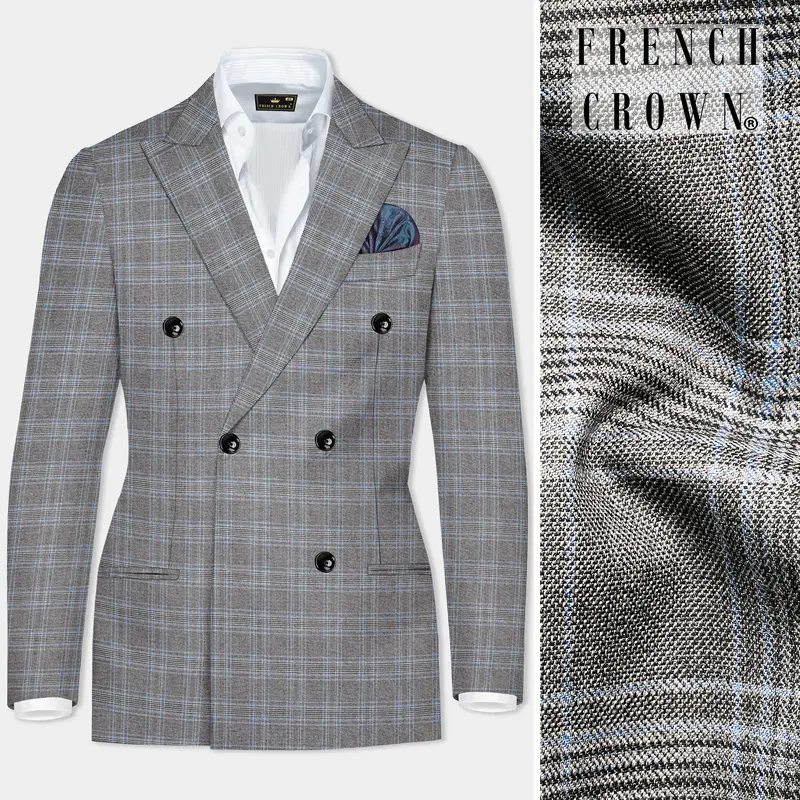 Dorado Blue With Casper Gray Plaid Wool Rich Double Breasted Blazer 1