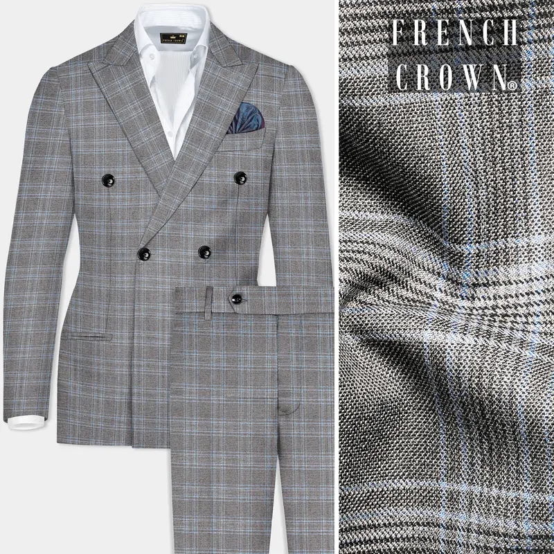 Dorado Blue With Casper Gray Plaid Wool Rich Double Breasted Suit 1