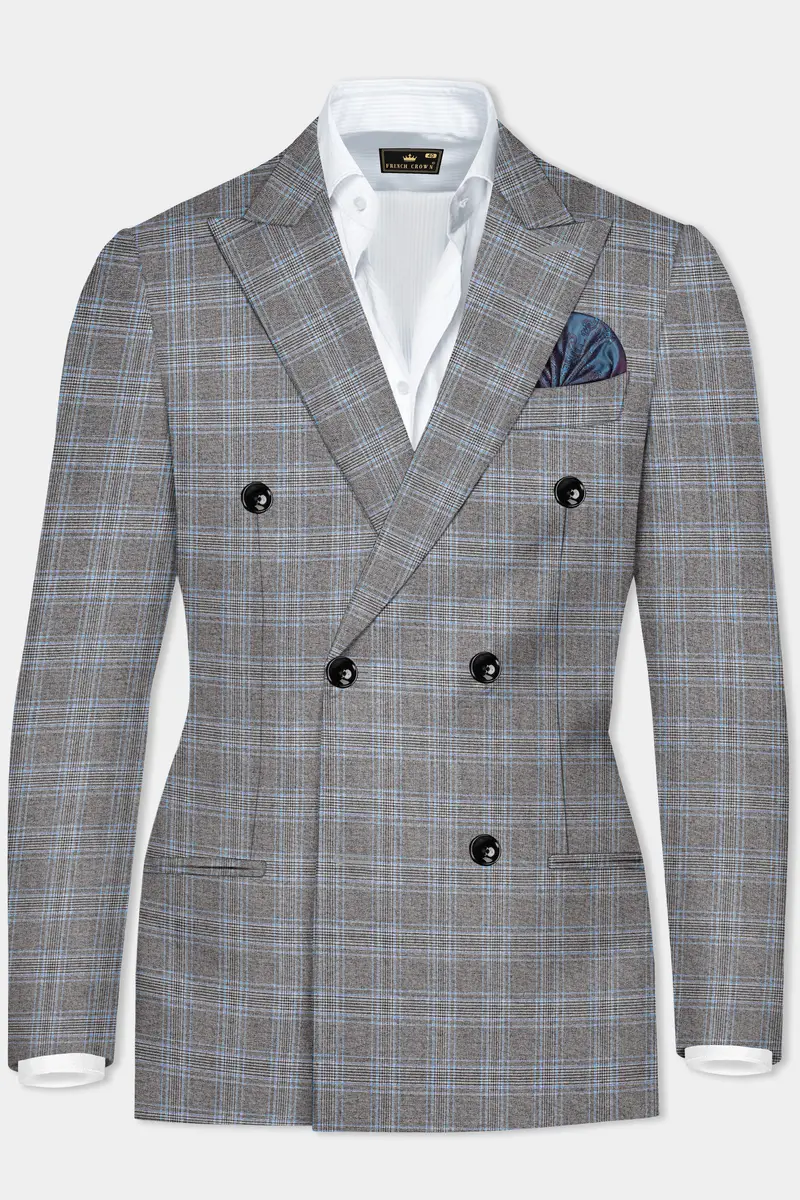 Dorado Blue With Casper Gray Plaid Wool Rich Double Breasted Suit 10