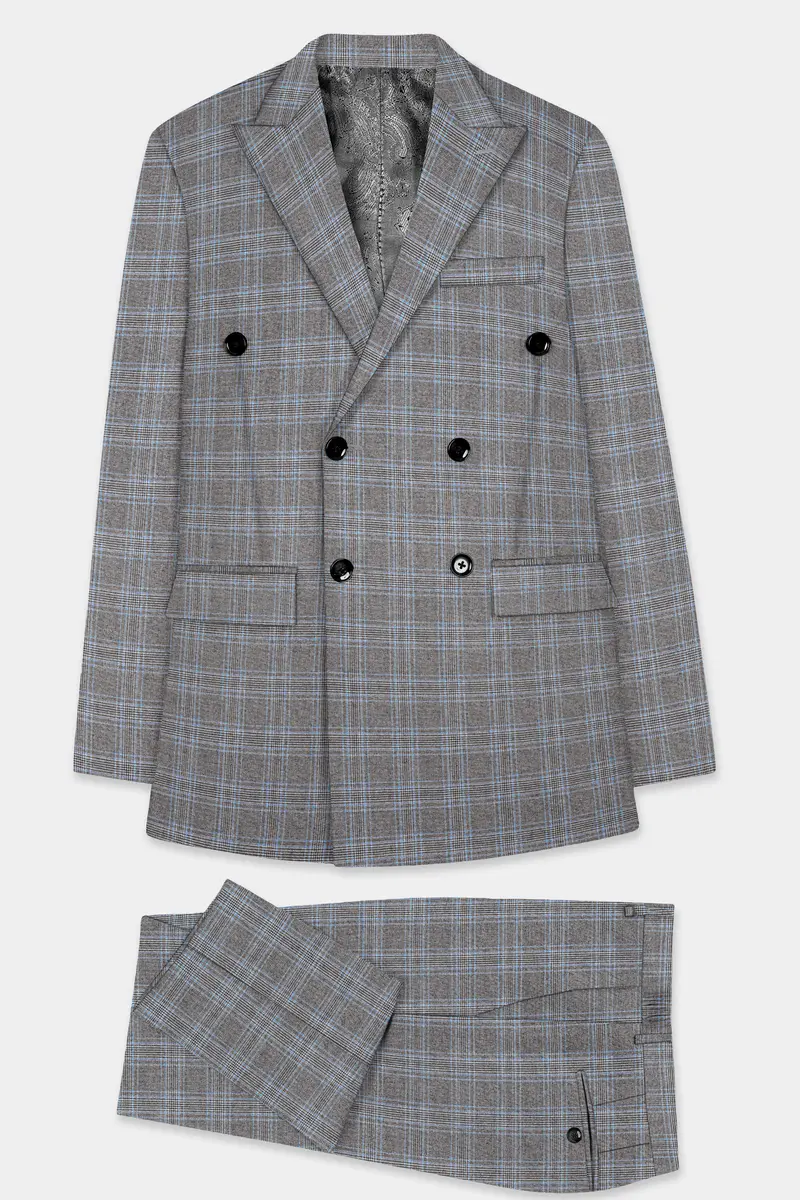 Dorado Blue With Casper Gray Plaid Wool Rich Double Breasted Suit 11
